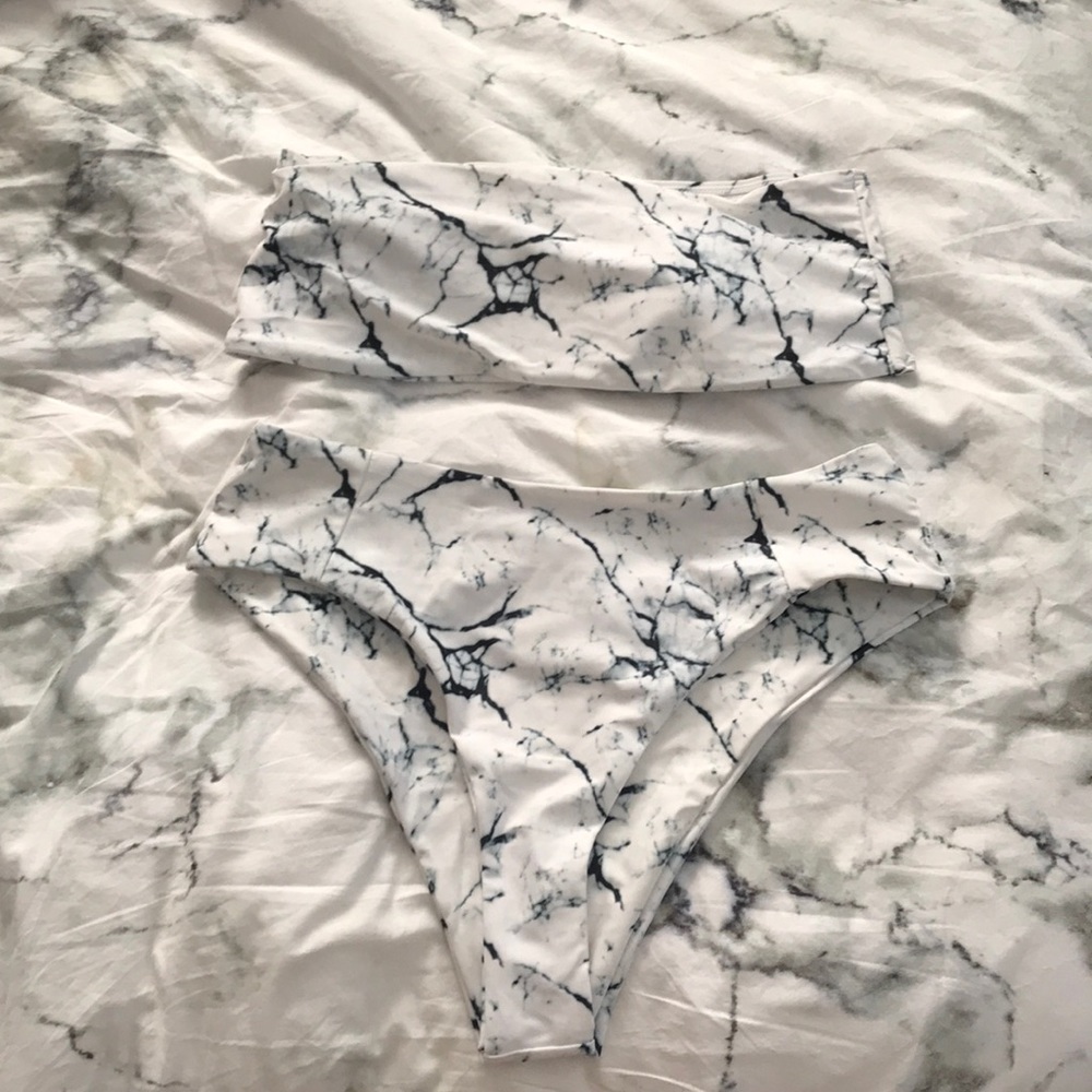Marble Bandeau & High Waisted Bikini
